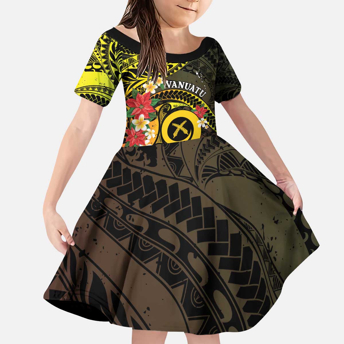 Vanuatu Christmas Kid Short Sleeve Dress Vanuatuan Pig Tusk - Meri Krismas! LT14 KID Black - Polynesian Pride