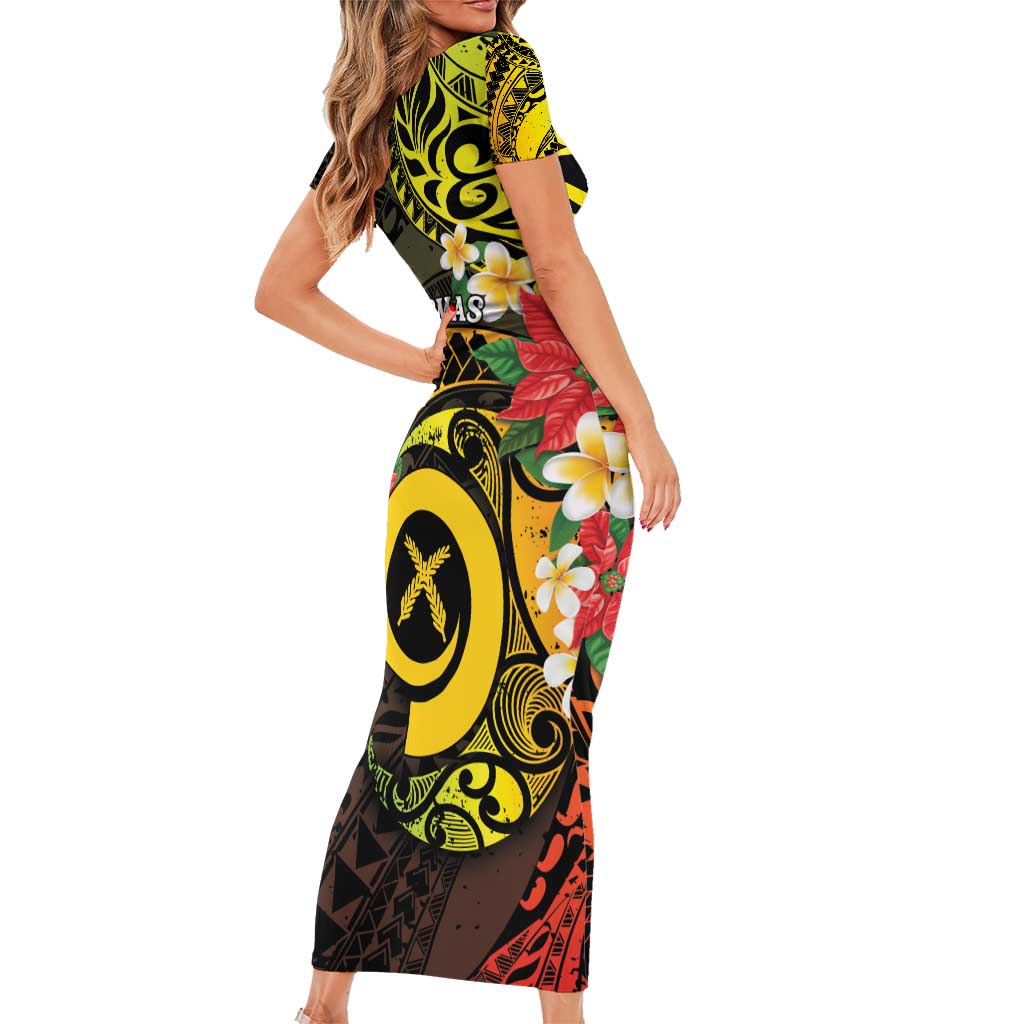 Vanuatu Christmas Short Sleeve Bodycon Dress Vanuatuan Pig Tusk - Meri Krismas! LT14 - Polynesian Pride