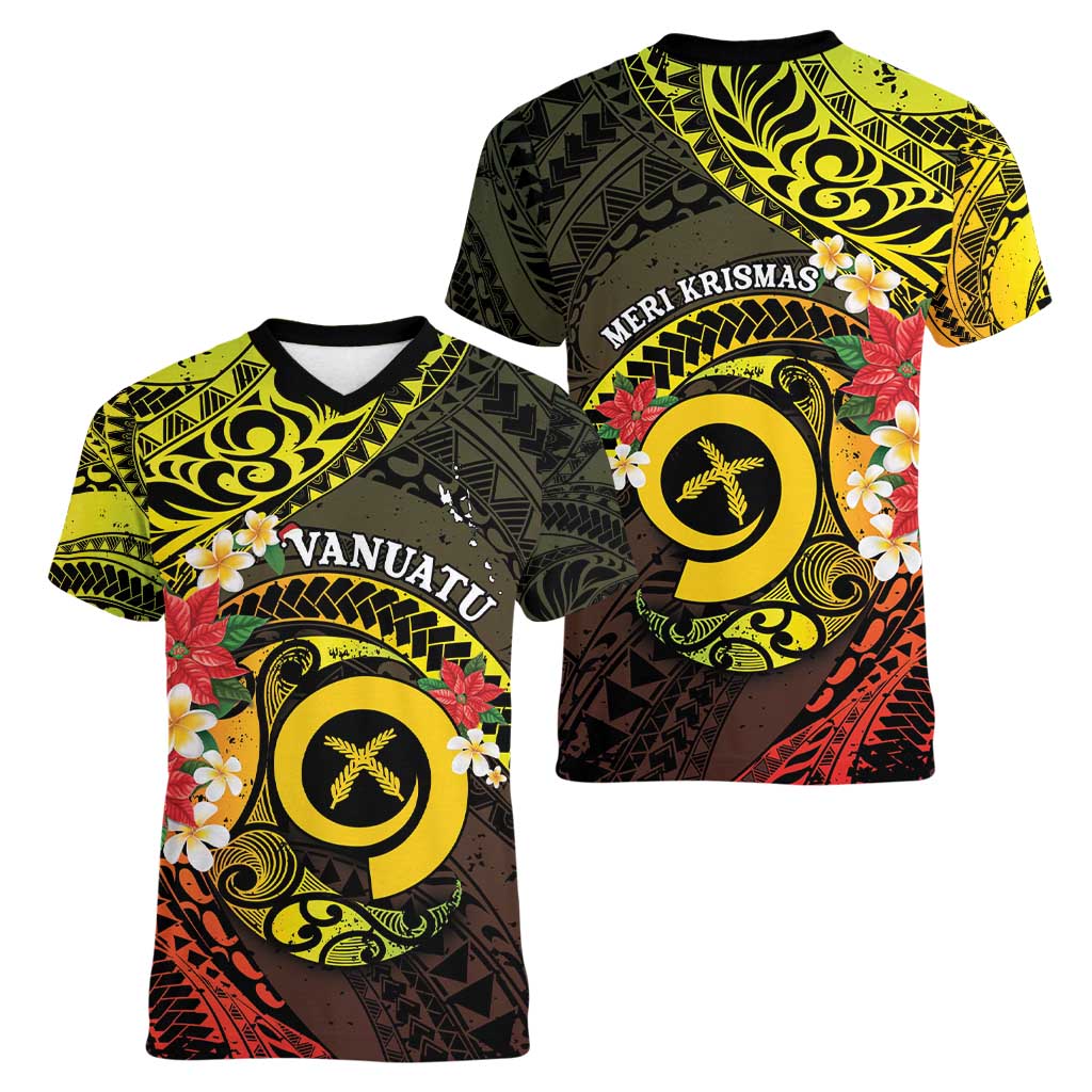 Vanuatu Christmas Women V-Neck T-Shirt Vanuatuan Pig Tusk - Meri Krismas! LT14 - Polynesian Pride