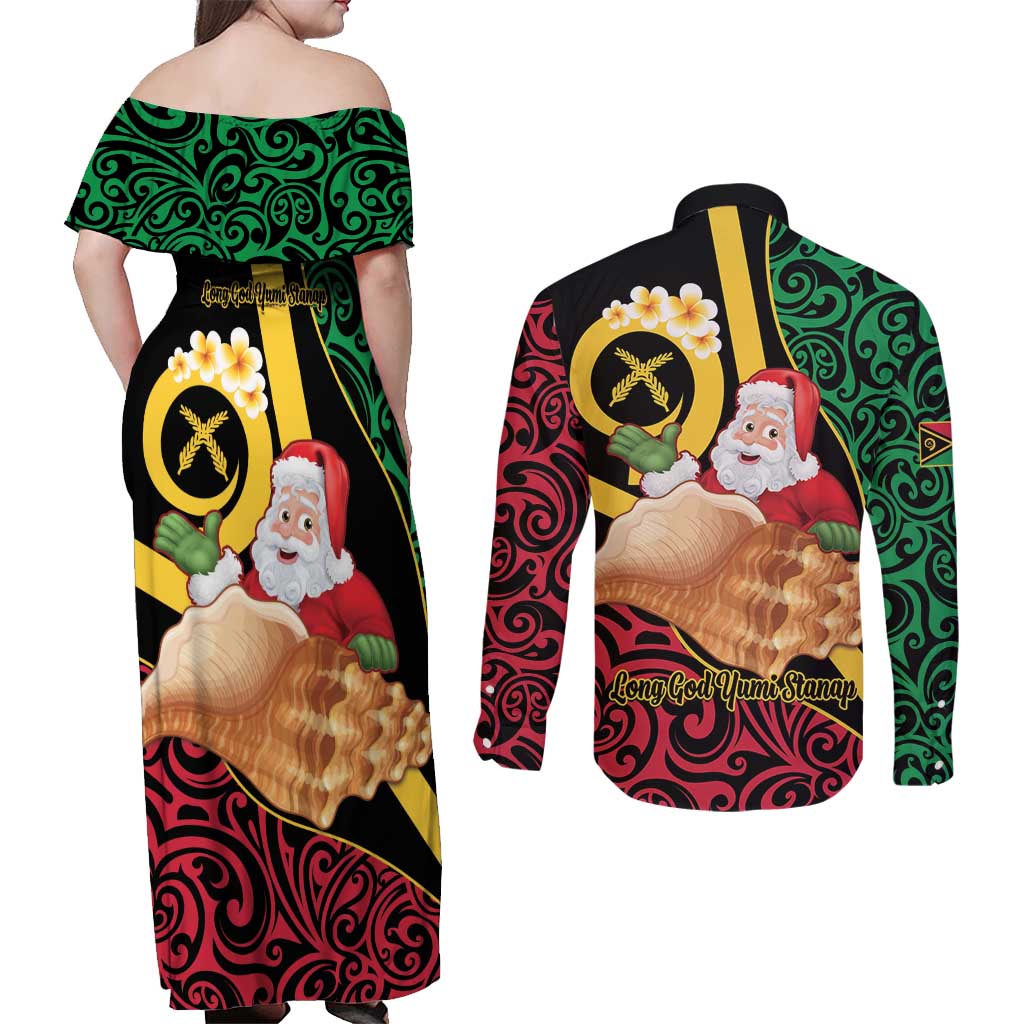 Vanuatu Christmas Couples Matching Off Shoulder Maxi Dress and Long Sleeve Button Shirt Vanuatuan Conch Shell - Meri Krismas!