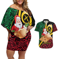 Vanuatu Christmas Couples Matching Off Shoulder Short Dress and Hawaiian Shirt Vanuatuan Conch Shell - Meri Krismas! LT14 Black - Polynesian Pride