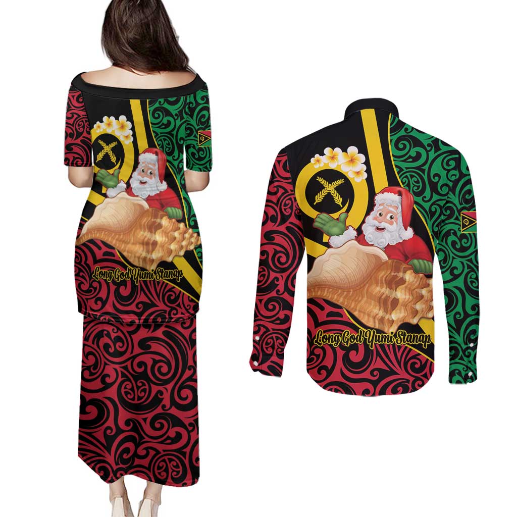 Vanuatu Christmas Couples Matching Puletasi and Long Sleeve Button Shirt Vanuatuan Conch Shell - Meri Krismas!