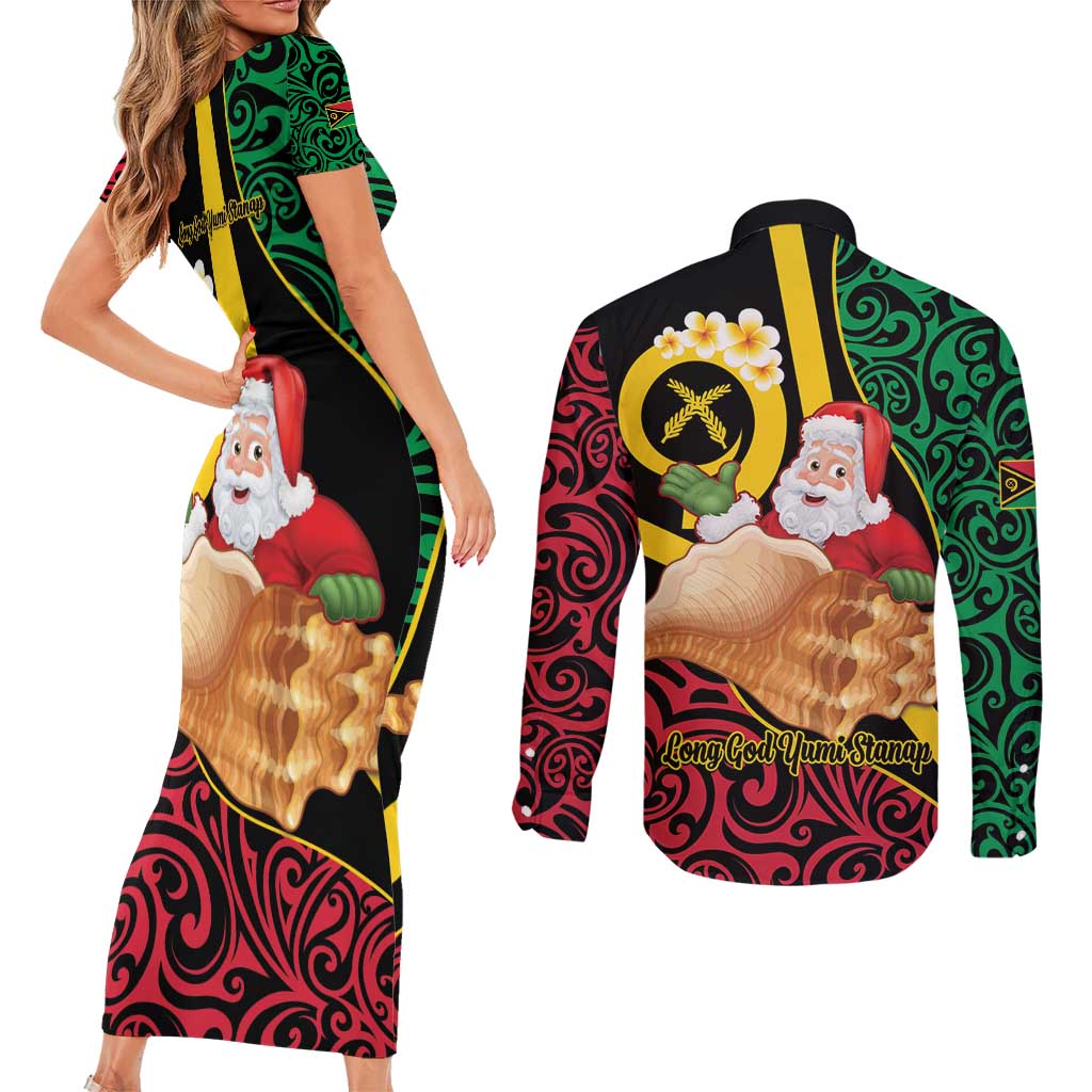 Vanuatu Christmas Couples Matching Short Sleeve Bodycon Dress and Long Sleeve Button Shirt Vanuatuan Conch Shell - Meri Krismas!