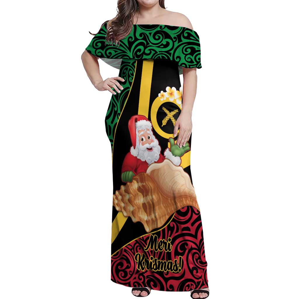 Vanuatu Christmas Off Shoulder Maxi Dress Vanuatuan Conch Shell - Meri Krismas! LT14 Women Black - Polynesian Pride