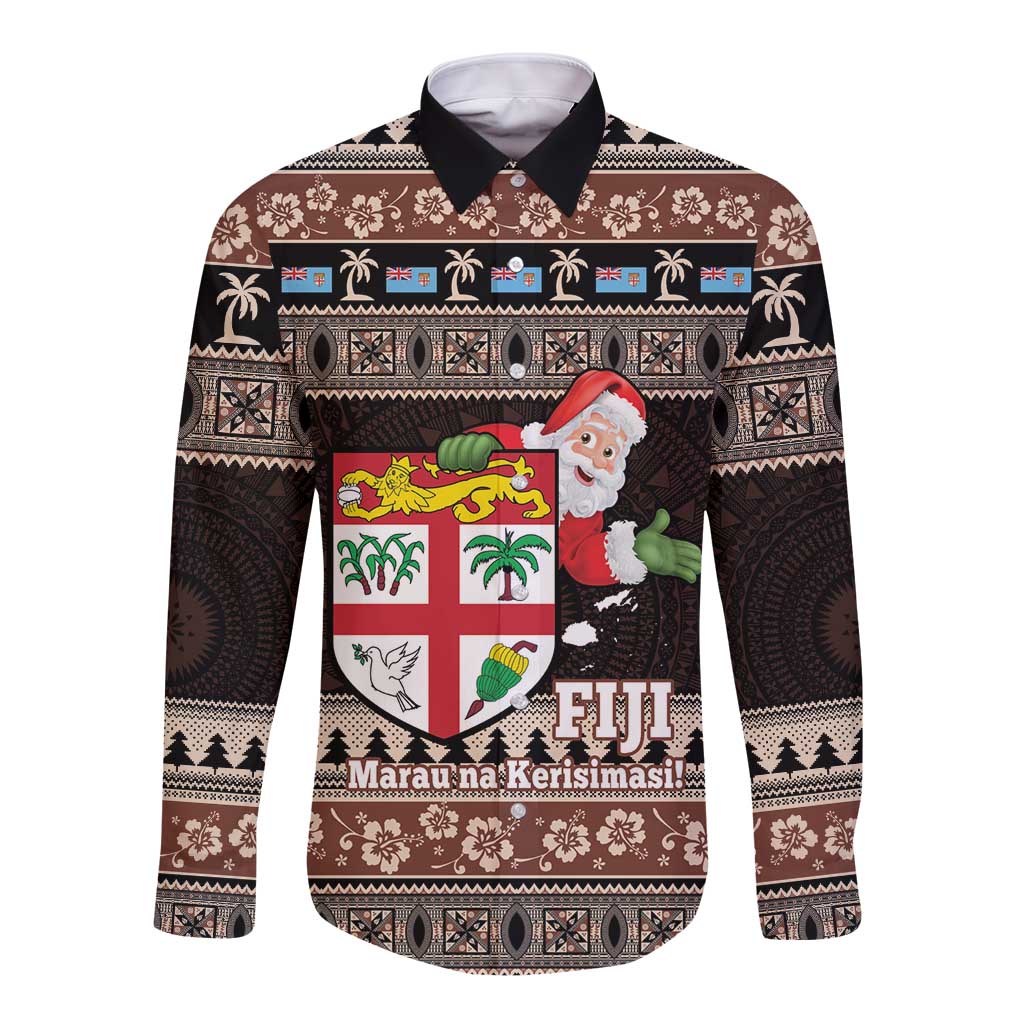 Fiji Christmas Long Sleeve Button Shirt Fijian Masi Marau na Kerisimasi! - Brown LT14 Unisex Brown - Polynesian Pride