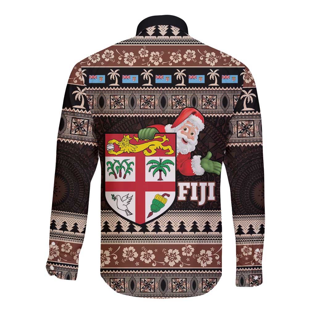 Fiji Christmas Long Sleeve Button Shirt Fijian Masi Marau na Kerisimasi! - Brown LT14 - Polynesian Pride