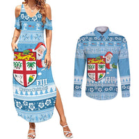 Fiji Christmas Couples Matching Summer Maxi Dress and Long Sleeve Button Shirt Fijian Masi Marau na Kerisimasi! - Blue