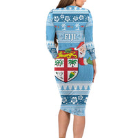 Fiji Christmas Family Matching Long Sleeve Bodycon Dress and Hawaiian Shirt Fijian Masi Marau na Kerisimasi! - Blue