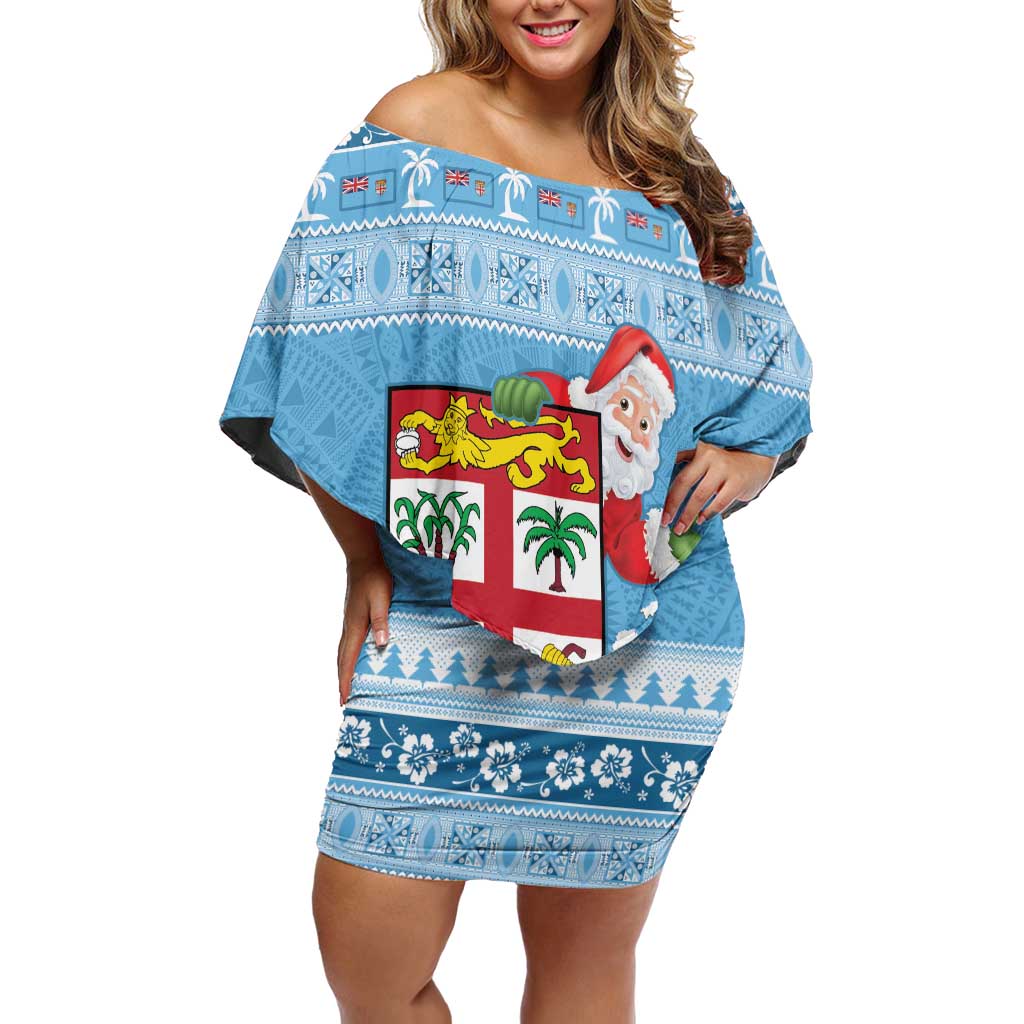 Fiji Christmas Off Shoulder Short Dress Fijian Masi Marau na Kerisimasi! - Blue