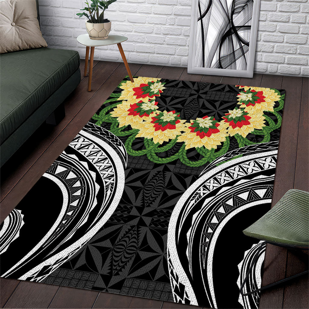 Black Tonga Ngatu Kahoa Lei Area Rug
