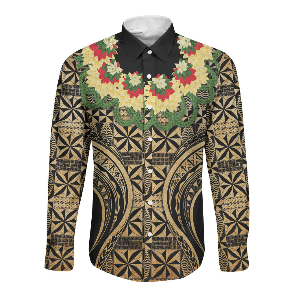 Grunge Gold Tonga Ngatu Kahoa Lei Long Sleeve Button Shirt