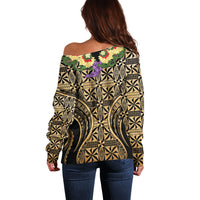 Grunge Gold Tonga Ngatu Kahoa Lei Off Shoulder Sweater