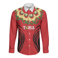 Personalised Red Tonga Ngatu Kahoa Lei Long Sleeve Button Shirt