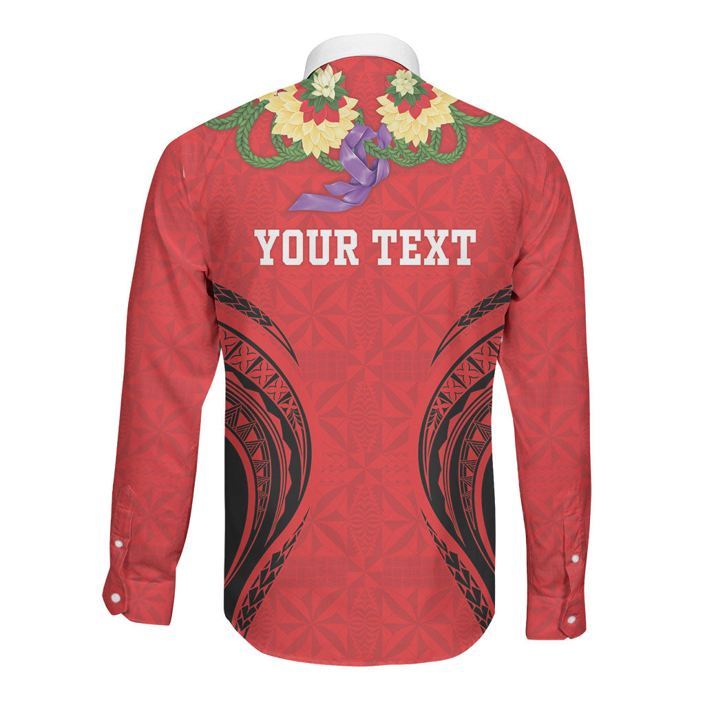 Personalised Red Tonga Ngatu Kahoa Lei Long Sleeve Button Shirt