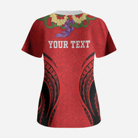Personalised Red Tonga Ngatu Kahoa Lei Scrub Top