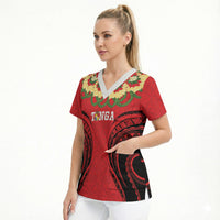 Personalised Red Tonga Ngatu Kahoa Lei Scrub Top