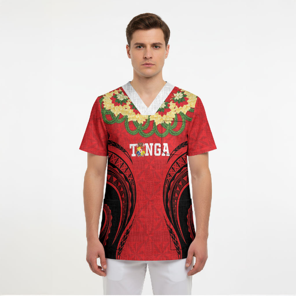 Personalised Red Tonga Ngatu Kahoa Lei Scrub Top