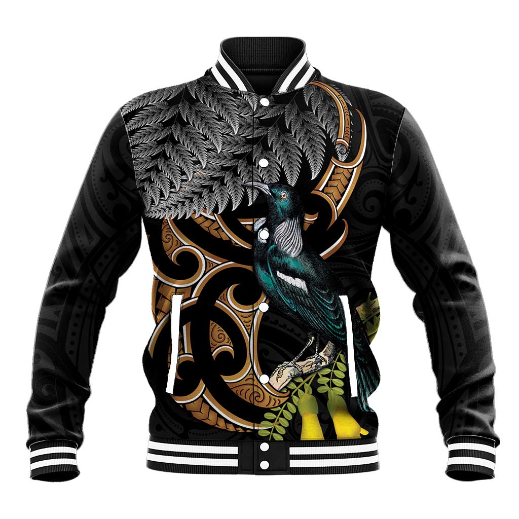 Aotearoa Kowhai Tui Bird Baseball Jacket Maori Ngaru With Silver Fern LT14 Unisex Black - Polynesian Pride