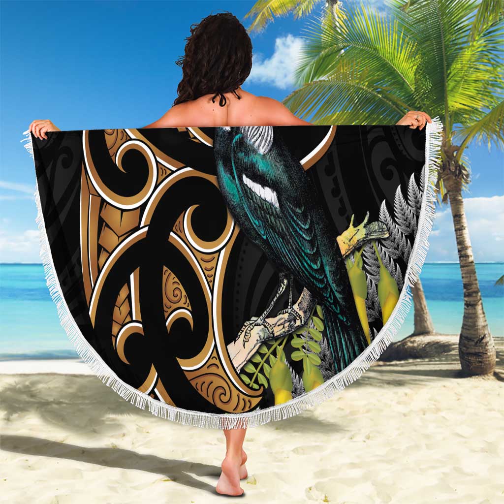 Aotearoa Kowhai Tui Bird Beach Blanket Maori Ngaru With Silver Fern