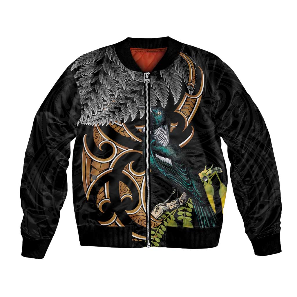 Aotearoa Kowhai Tui Bird Bomber Jacket Maori Ngaru With Silver Fern LT14 Unisex Black - Polynesian Pride