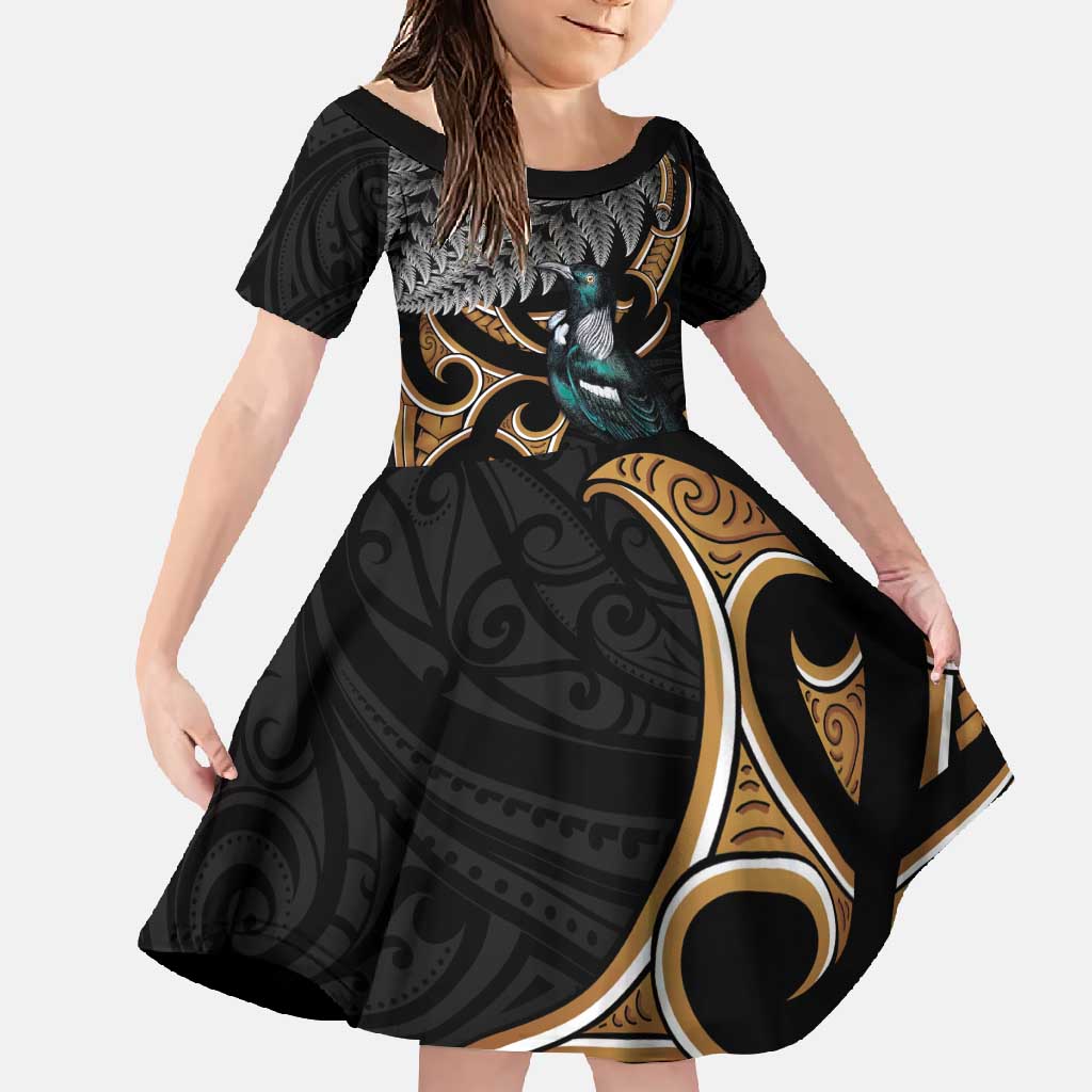 Aotearoa Kowhai Tui Bird Family Matching Mermaid Dress and Hawaiian Shirt Maori Ngaru With Silver Fern LT14 Daughter's Dress Black - Polynesian Pride