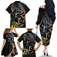 Aotearoa Kowhai Tui Bird Family Matching Off The Shoulder Long Sleeve Dress and Hawaiian Shirt Maori Ngaru With Silver Fern