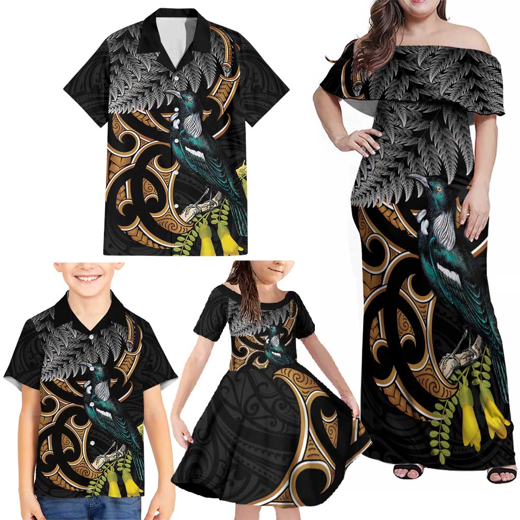 Aotearoa Kowhai Tui Bird Family Matching Off Shoulder Maxi Dress and Hawaiian Shirt Maori Ngaru With Silver Fern