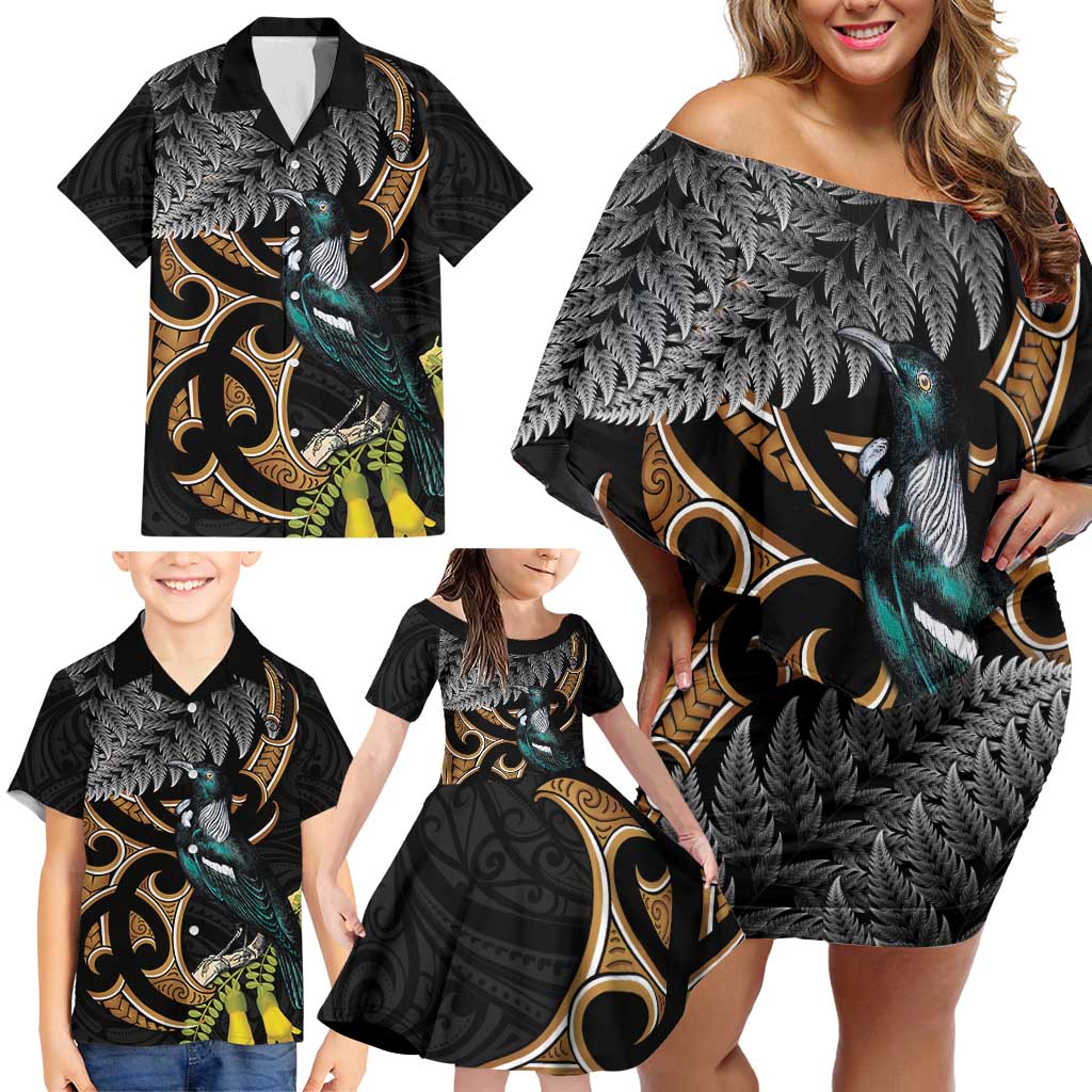 Aotearoa Kowhai Tui Bird Family Matching Off Shoulder Short Dress and Hawaiian Shirt Maori Ngaru With Silver Fern