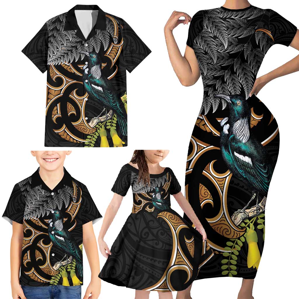 Aotearoa Kowhai Tui Bird Family Matching Short Sleeve Bodycon Dress and Hawaiian Shirt Maori Ngaru With Silver Fern LT14 - Polynesian Pride