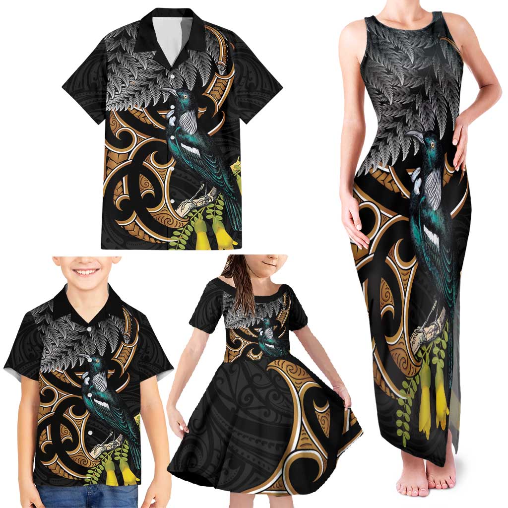 Aotearoa Kowhai Tui Bird Family Matching Tank Maxi Dress and Hawaiian Shirt Maori Ngaru With Silver Fern LT14 - Polynesian Pride