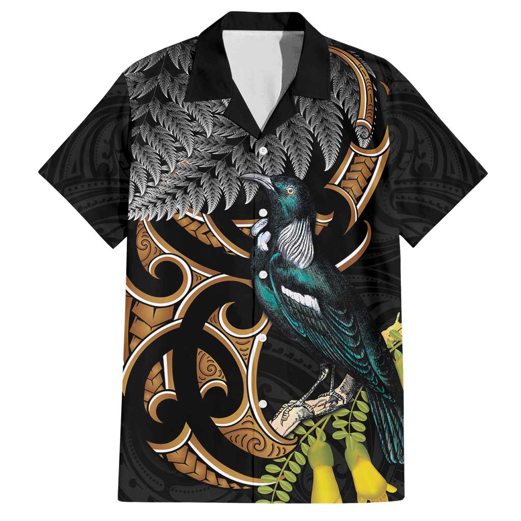 Aotearoa Kowhai Tui Bird Family Matching Tank Maxi Dress and Hawaiian Shirt Maori Ngaru With Silver Fern LT14 Dad's Shirt - Short Sleeve Black - Polynesian Pride