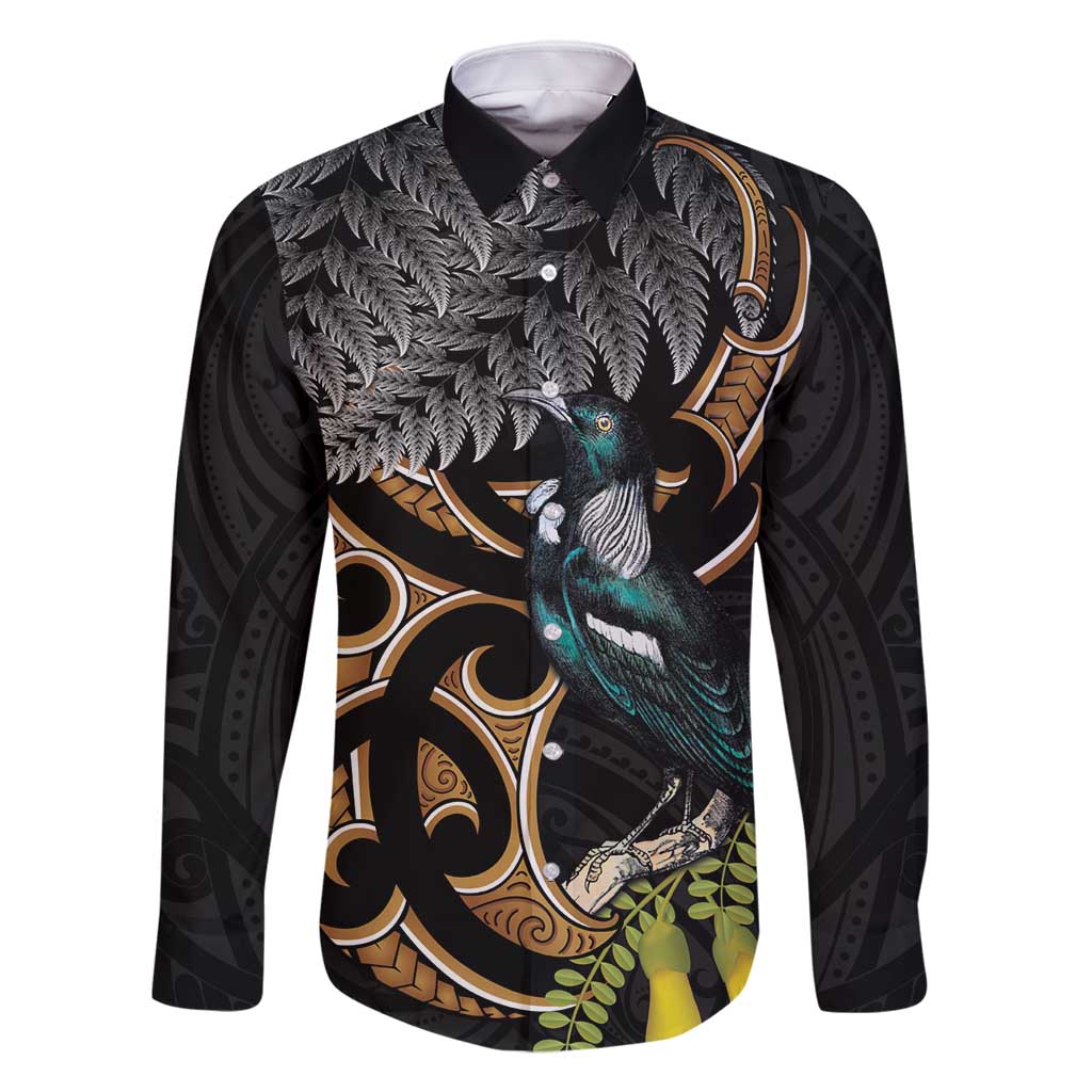 Aotearoa Kowhai Tui Bird Family Matching Tank Maxi Dress and Hawaiian Shirt Maori Ngaru With Silver Fern LT14 Dad's Shirt - Long Sleeve Black - Polynesian Pride