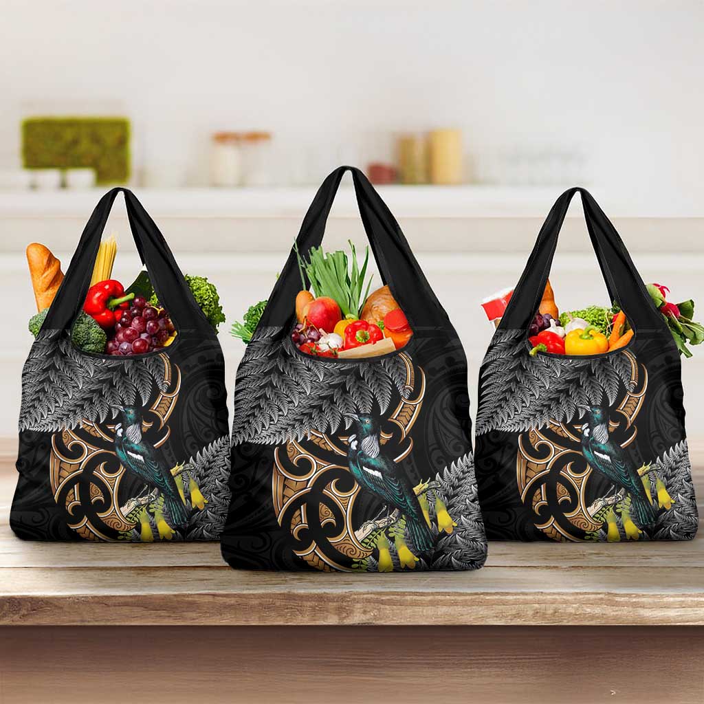 Aotearoa Kowhai Tui Bird Grocery Bag Maori Ngaru With Silver Fern LT14 3-pack One Size Black - Polynesian Pride