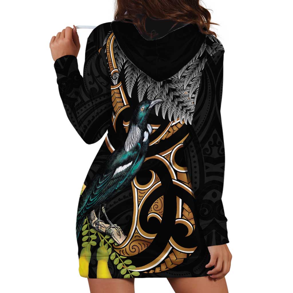 Aotearoa Kowhai Tui Bird Hoodie Dress Maori Ngaru With Silver Fern
