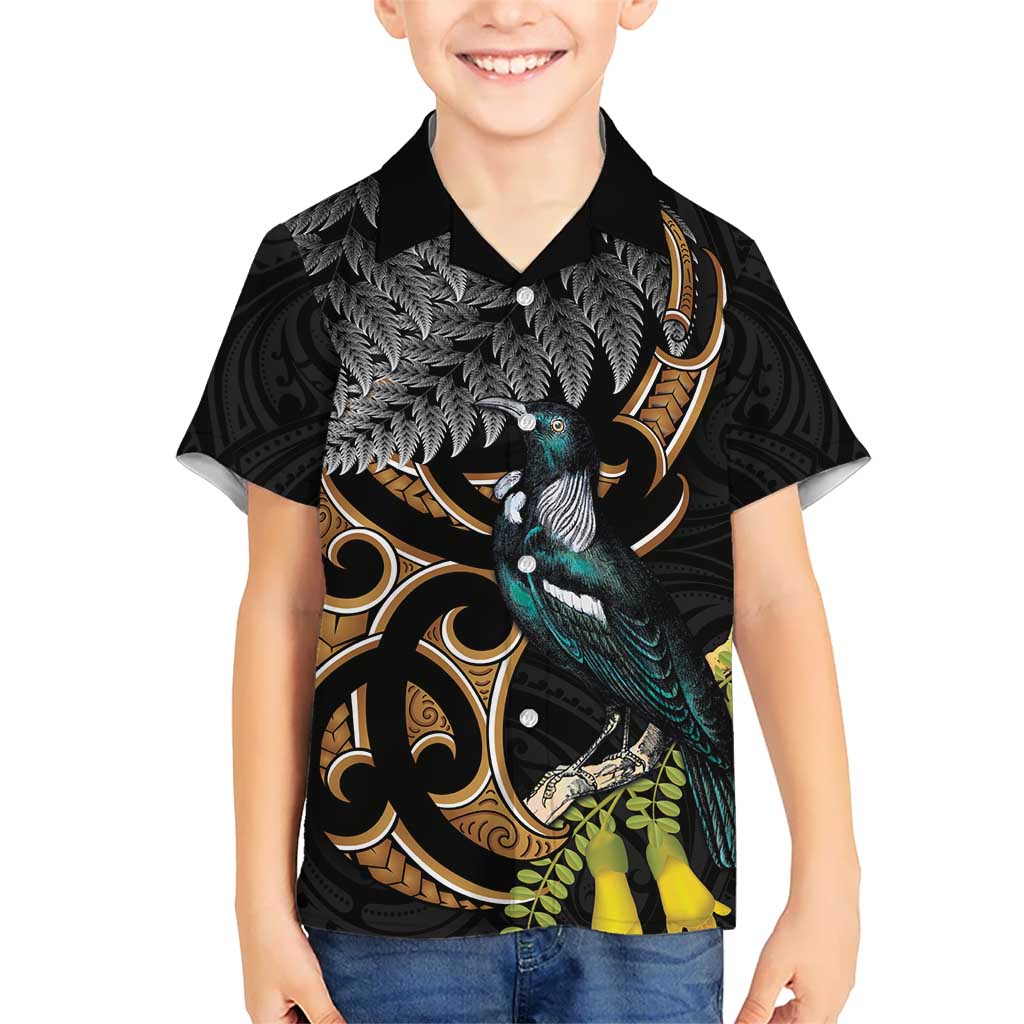 Aotearoa Kowhai Tui Bird Kid Hawaiian Shirt Maori Ngaru With Silver Fern LT14 Kid Black - Polynesian Pride