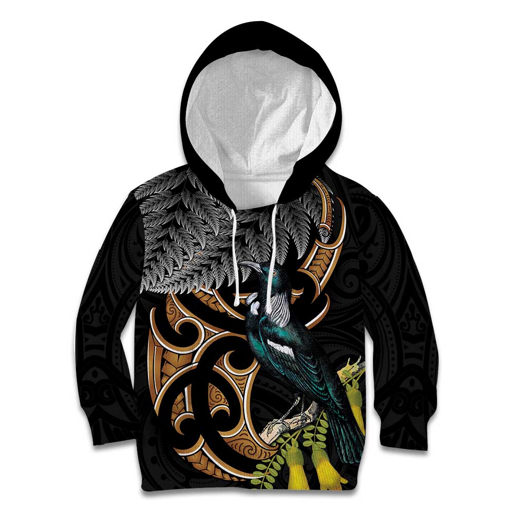 Aotearoa Kowhai Tui Bird Kid Hoodie Maori Ngaru With Silver Fern
