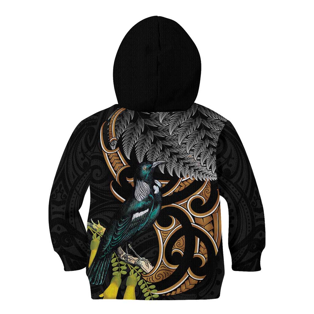 Aotearoa Kowhai Tui Bird Kid Hoodie Maori Ngaru With Silver Fern