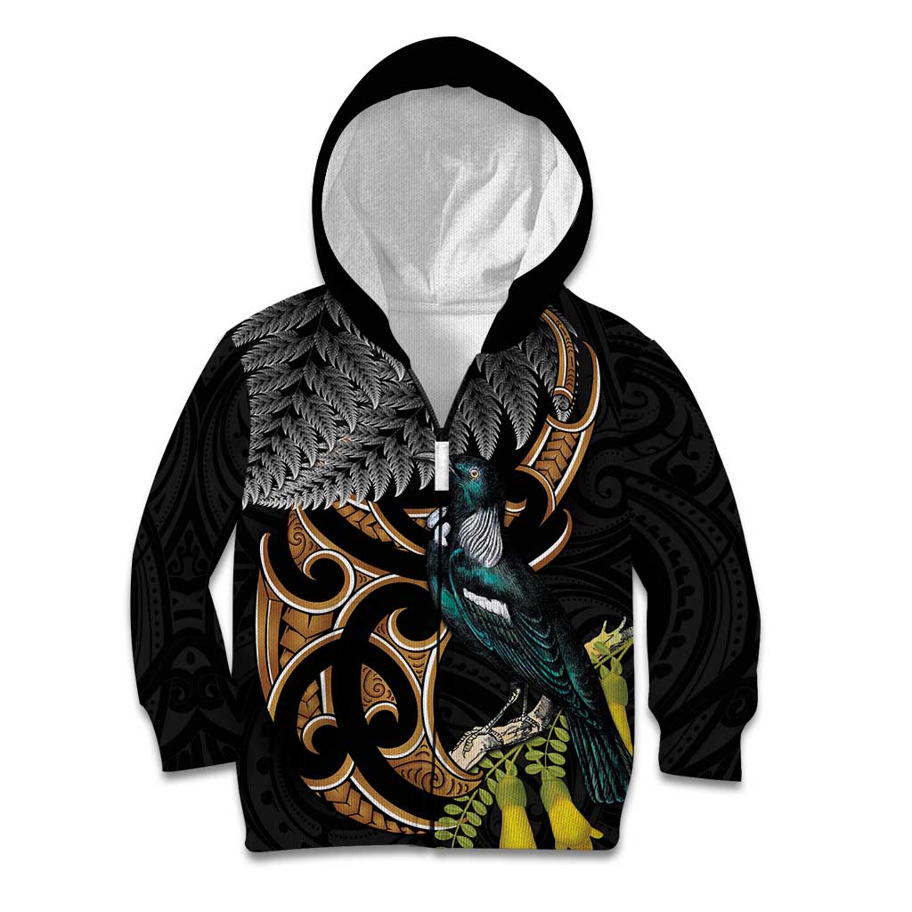 Aotearoa Kowhai Tui Bird Kid Hoodie Maori Ngaru With Silver Fern