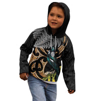 Aotearoa Kowhai Tui Bird Kid Hoodie Maori Ngaru With Silver Fern
