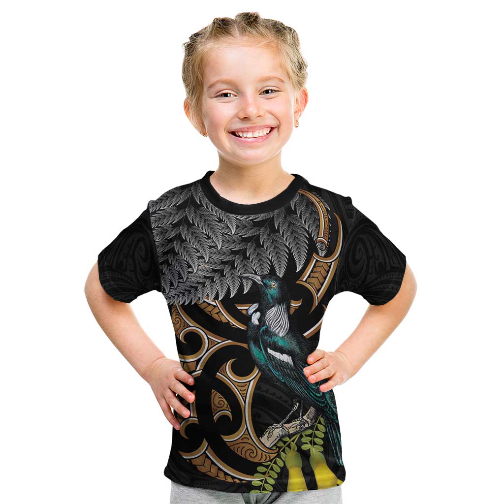 Aotearoa Kowhai Tui Bird Kid T Shirt Maori Ngaru With Silver Fern LT14 Black - Polynesian Pride
