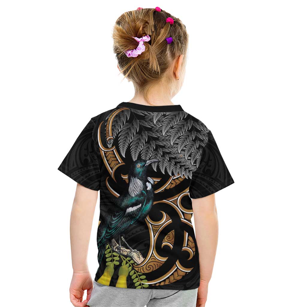 Aotearoa Kowhai Tui Bird Kid T Shirt Maori Ngaru With Silver Fern LT14 - Polynesian Pride