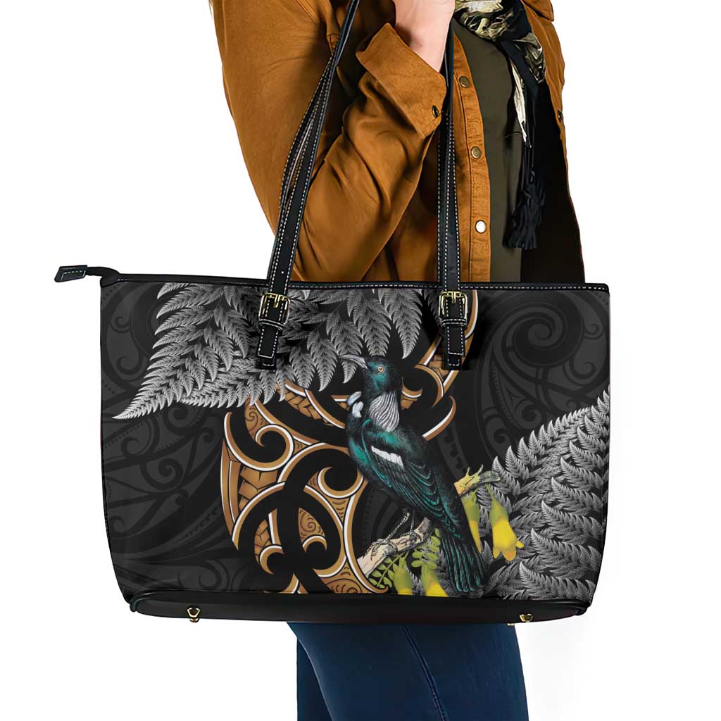 Aotearoa Kowhai Tui Bird Leather Tote Bag Maori Ngaru With Silver Fern LT14 - Polynesian Pride
