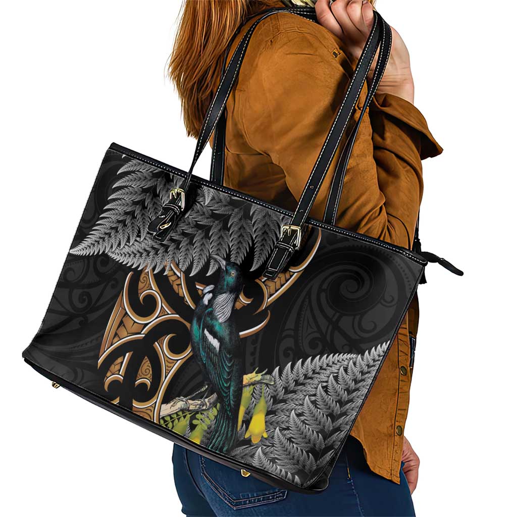 Aotearoa Kowhai Tui Bird Leather Tote Bag Maori Ngaru With Silver Fern LT14 - Polynesian Pride