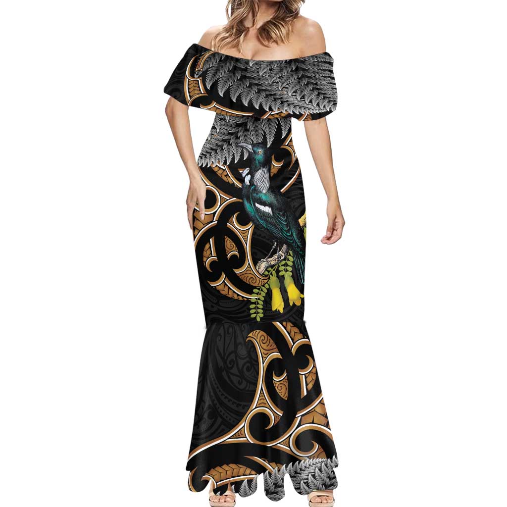 Aotearoa Kowhai Tui Bird Mermaid Dress Maori Ngaru With Silver Fern
