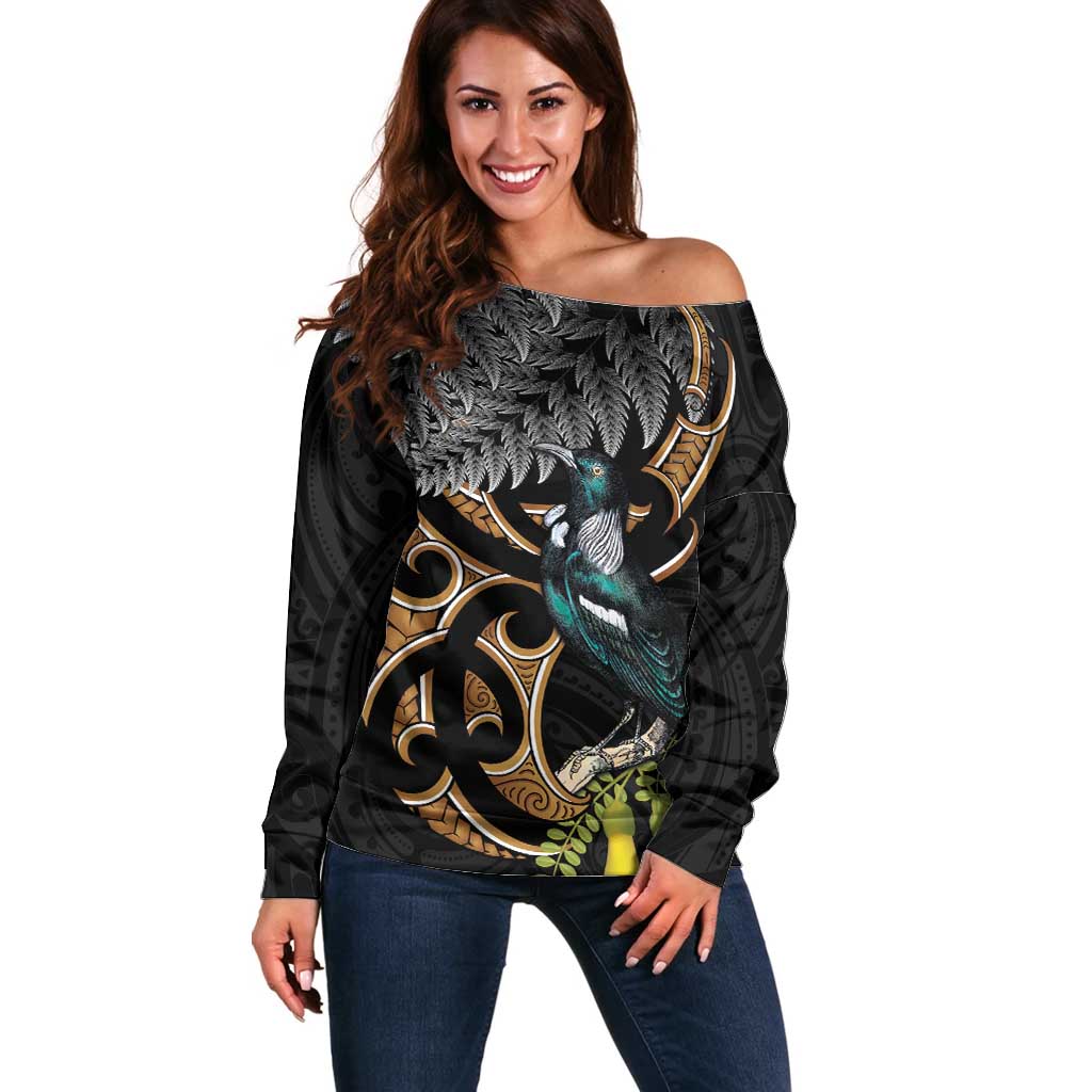 Aotearoa Kowhai Tui Bird Off Shoulder Sweater Maori Ngaru With Silver Fern