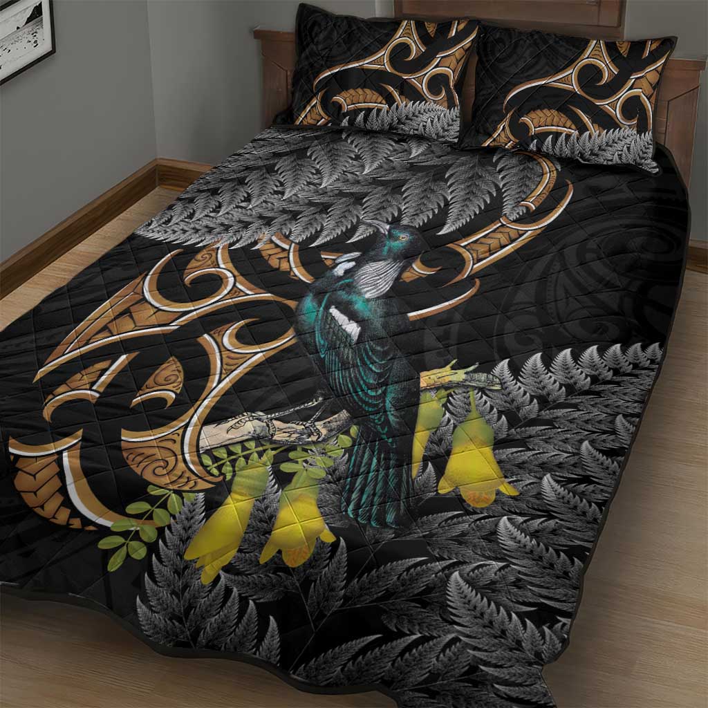 Aotearoa Kowhai Tui Bird Quilt Bed Set Maori Ngaru With Silver Fern