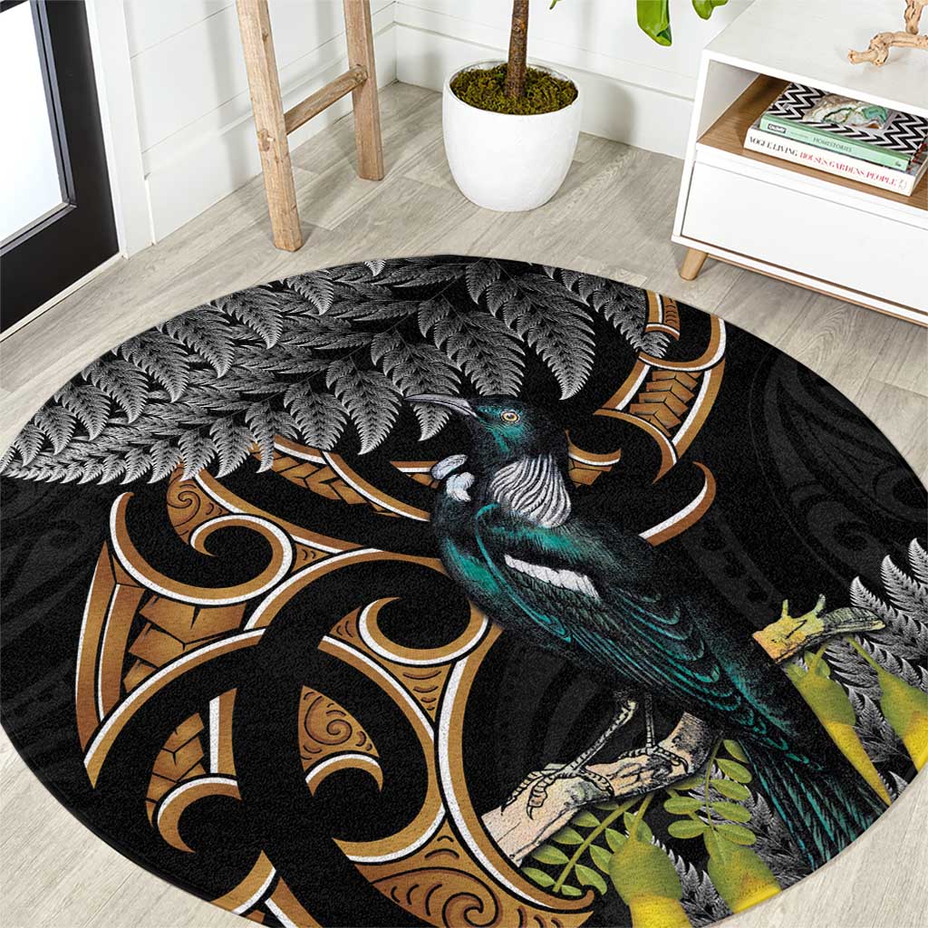 Aotearoa Kowhai Tui Bird Round Carpet Maori Ngaru With Silver Fern