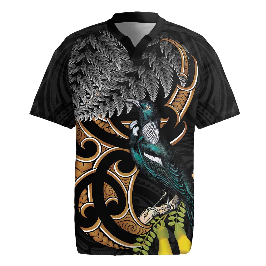 Aotearoa Kowhai Tui Bird Rugby Jersey Maori Ngaru With Silver Fern LT14 Black - Polynesian Pride