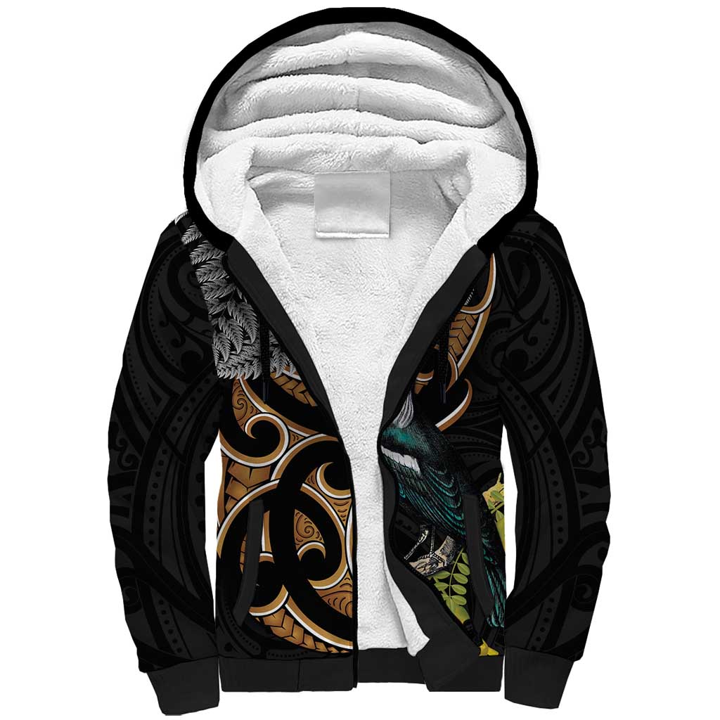 Aotearoa Kowhai Tui Bird Sherpa Hoodie Maori Ngaru With Silver Fern