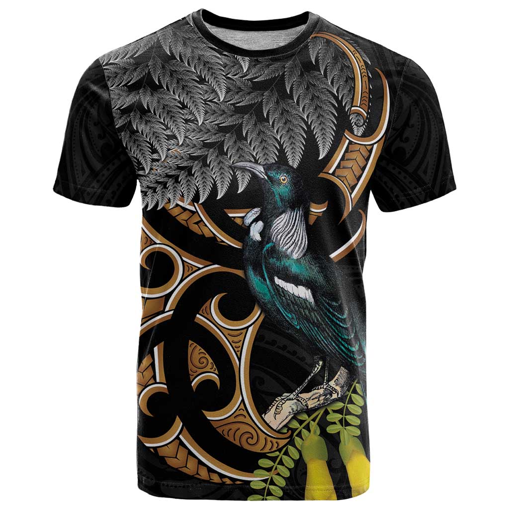 Aotearoa Kowhai Tui Bird T Shirt Maori Ngaru With Silver Fern LT14 Black - Polynesian Pride